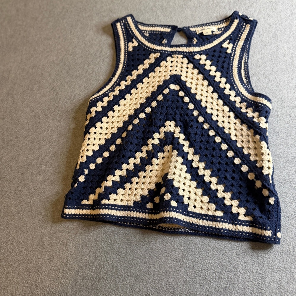 Ultra Pink Womens XS Crochet Chevron Tank Top Navy Cream Boho